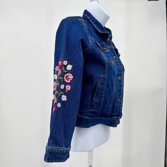 Garnet Hill Kids Denim/Jean Jacket Floral Snap Coat L Blue Button Up Embroidered - Picture 4 of 10